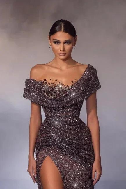 Modern Long Mermaid Off-the-shoulder Sequined Beading Prom Dress with Slit - Image 2