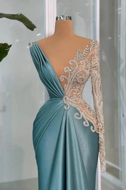 Modern Long Mermaid V-neck Lace Rhinestones Satin Long Sleeve Prom Dress - Image 2