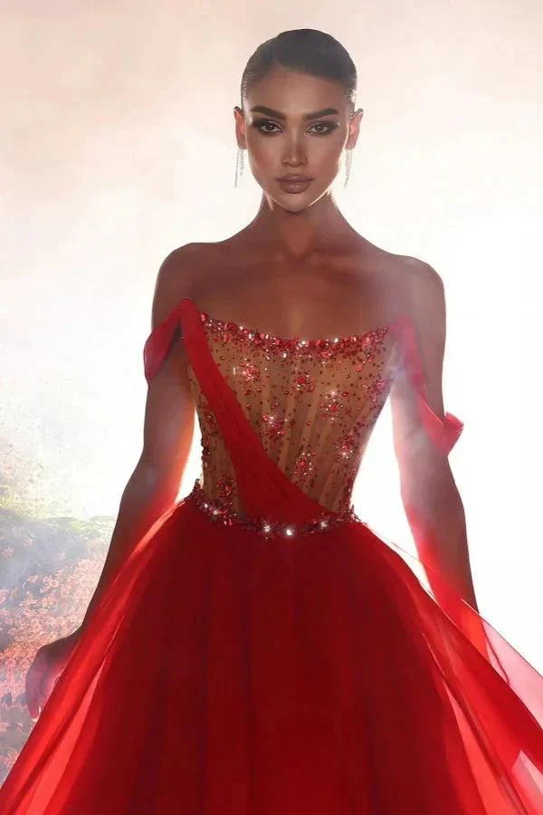 Modern Long Red A-line Off-the-shoulder Chiffon Beading Prom Dress - Image 2