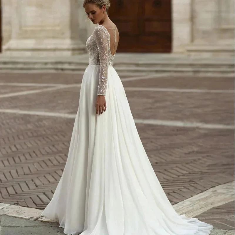 Modern Long Sleeve Wedding Dresses Simple Chiffon Lace Sequined Bridal Gowns Charming Backless A-Line vestidos de noiva - Image 2