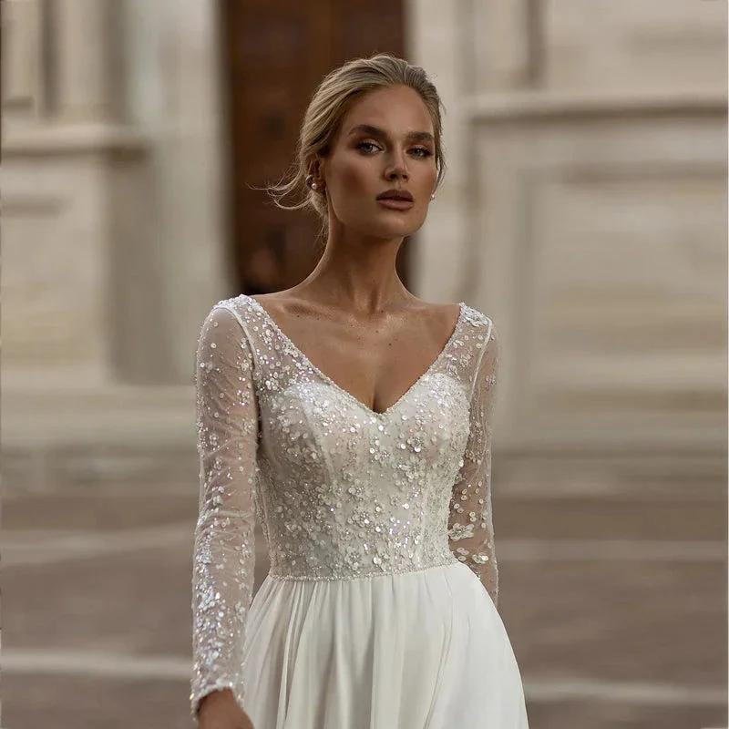 Modern Long Sleeve Wedding Dresses Simple Chiffon Lace Sequined Bridal Gowns Charming Backless A-Line vestidos de noiva - Image 3