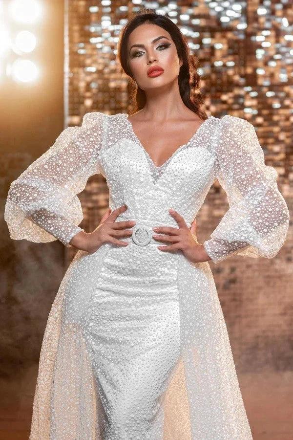 Modern Long V-neck Glitter Wedding Dresses With Long Sleeves - Image 2