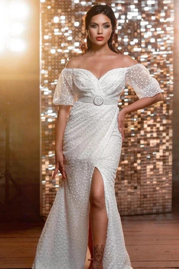 Modern Long V-neck Glitter Wedding Dresses With Long Sleeves - Image 3