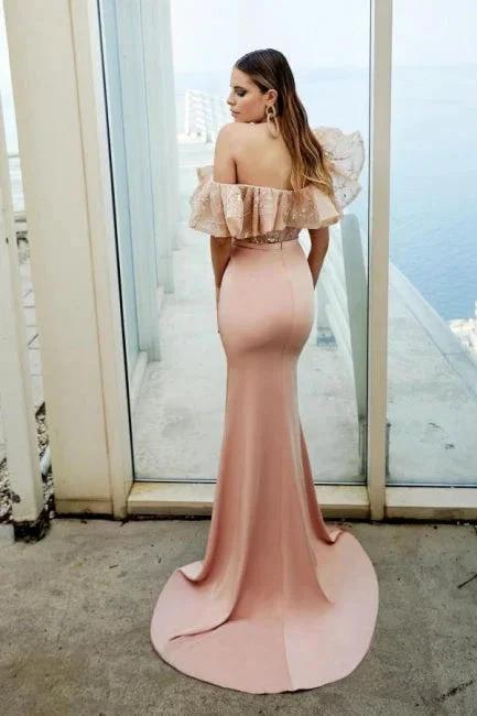 Modern Off-the-shoulder Evening Dress Long Pink Lace Prom Dresses With Slit - Image 2