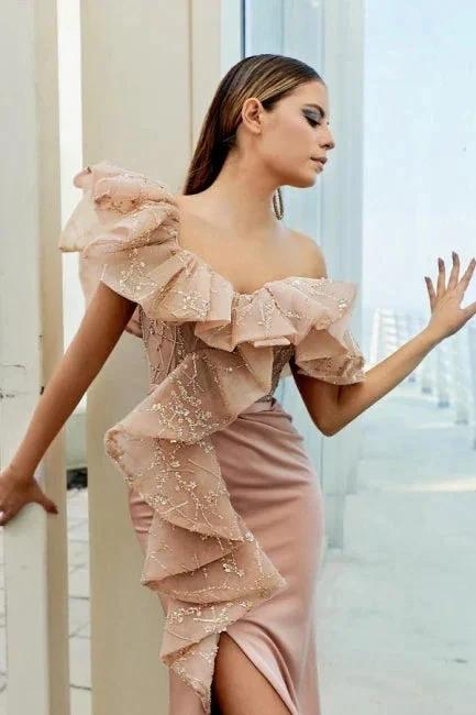 Modern Off-the-shoulder Evening Dress Long Pink Lace Prom Dresses With Slit - Image 3