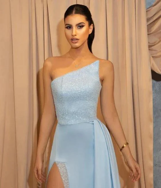Modern One Shoulder Sequins A-Line Floor-length Split Prom Dress With Side Train - Image 2