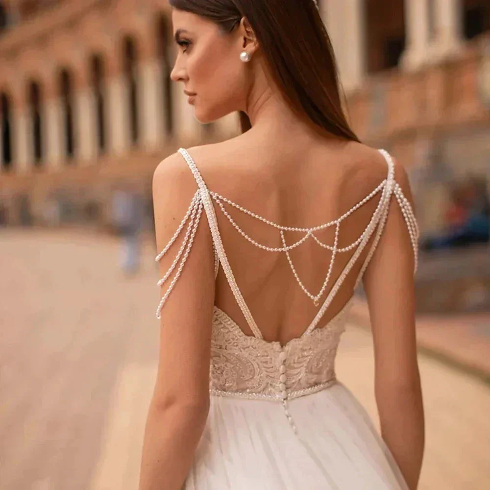 Modern Pearls Chain Wedding Dresses Tulle Appliqued Lace Engagement Bridal Party Bride Gowns Robes De Mariée Custom Made - Image 3