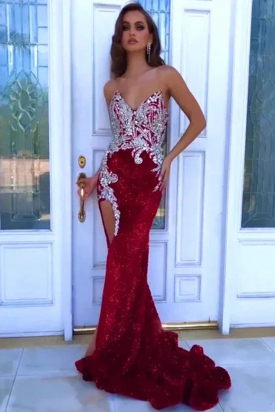 Modern Red Sleeveless Split Front Mermaid Prom Dress With Crystal - Image 4