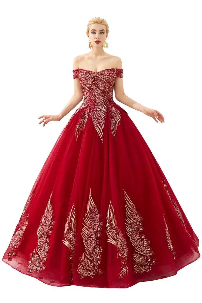 Modern Sleeveless aline Ball Gown Gold Appliques Off the Shoulder Tulle Party Gowns - Image 10