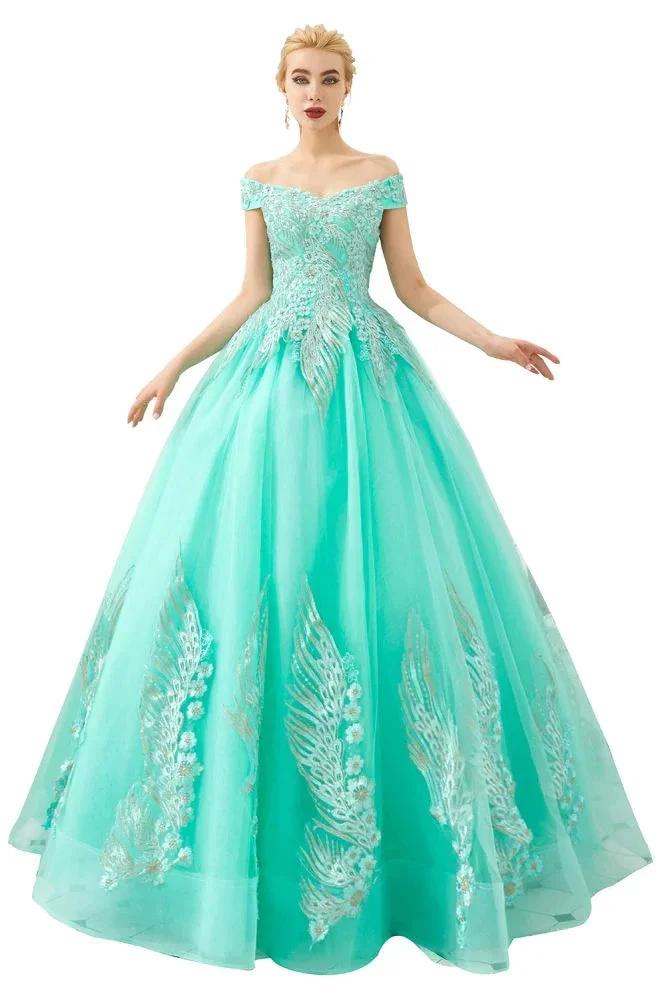 Modern Sleeveless aline Ball Gown Gold Appliques Off the Shoulder Tulle Party Gowns - Image 11