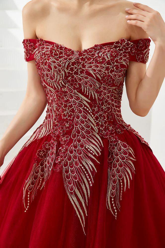 Modern Sleeveless aline Ball Gown Gold Appliques Off the Shoulder Tulle Party Gowns - Image 12