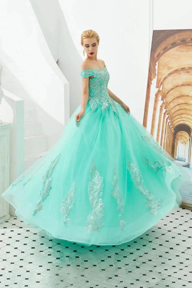 Modern Sleeveless aline Ball Gown Gold Appliques Off the Shoulder Tulle Party Gowns - Image 13