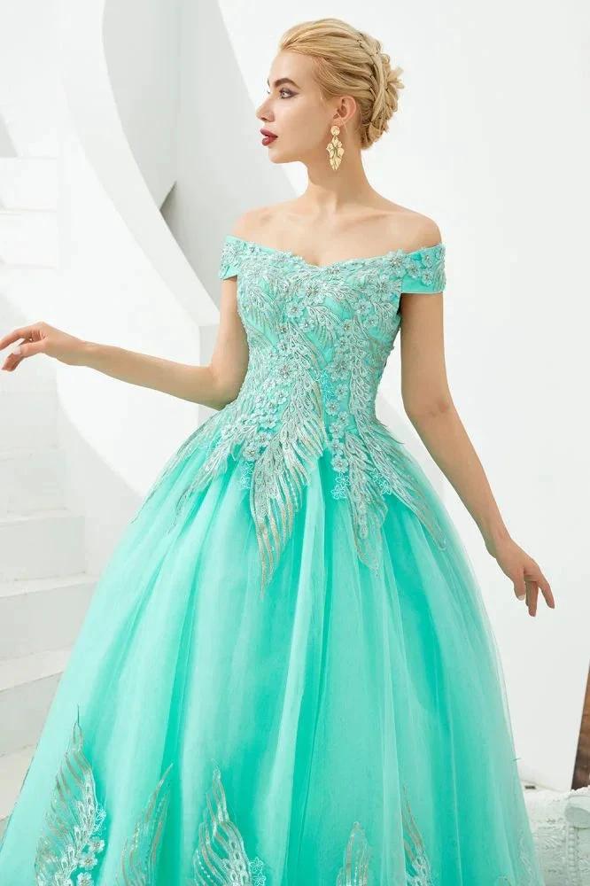 Modern Sleeveless aline Ball Gown Gold Appliques Off the Shoulder Tulle Party Gowns - Image 14