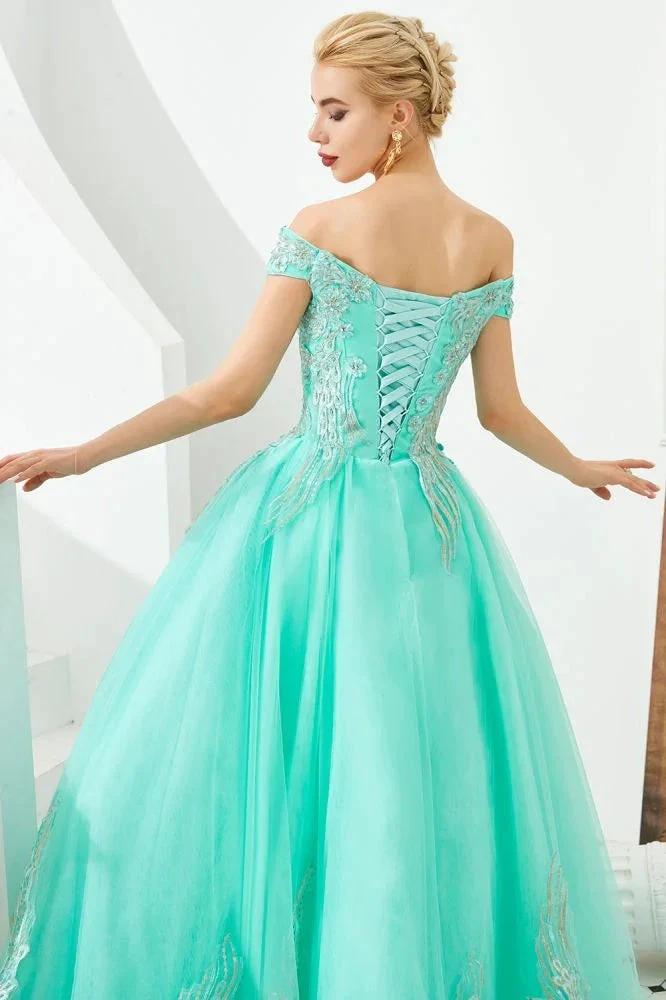 Modern Sleeveless aline Ball Gown Gold Appliques Off the Shoulder Tulle Party Gowns - Image 15