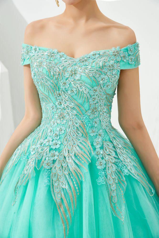 Modern Sleeveless aline Ball Gown Gold Appliques Off the Shoulder Tulle Party Gowns - Image 16