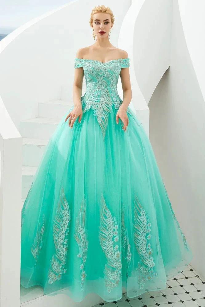 Modern Sleeveless aline Ball Gown Gold Appliques Off the Shoulder Tulle Party Gowns - Image 17
