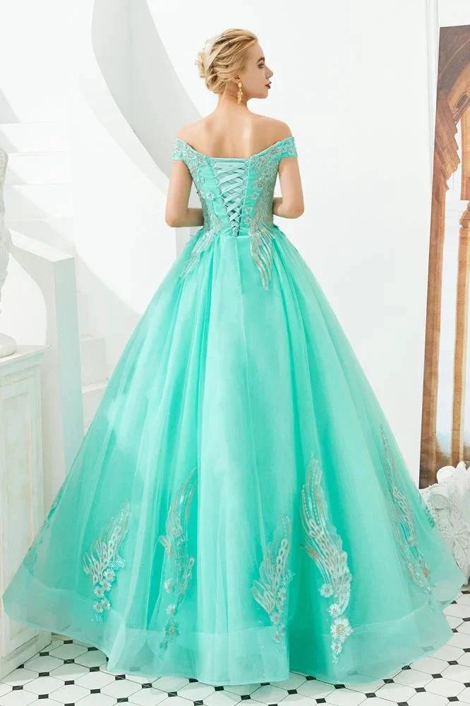 Modern Sleeveless aline Ball Gown Gold Appliques Off the Shoulder Tulle Party Gowns - Image 18