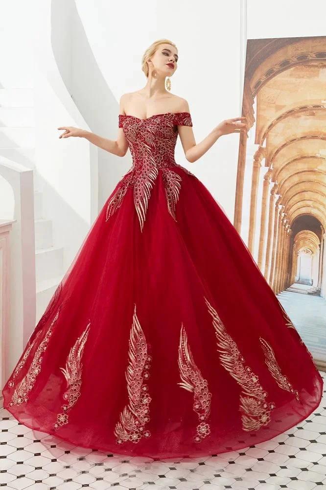 Modern Sleeveless aline Ball Gown Gold Appliques Off the Shoulder Tulle Party Gowns - Image 2