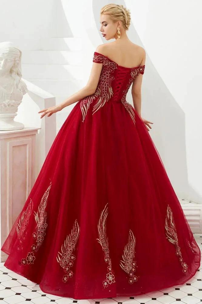 Modern Sleeveless aline Ball Gown Gold Appliques Off the Shoulder Tulle Party Gowns - Image 3