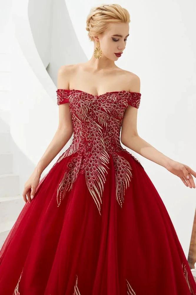 Modern Sleeveless aline Ball Gown Gold Appliques Off the Shoulder Tulle Party Gowns - Image 4