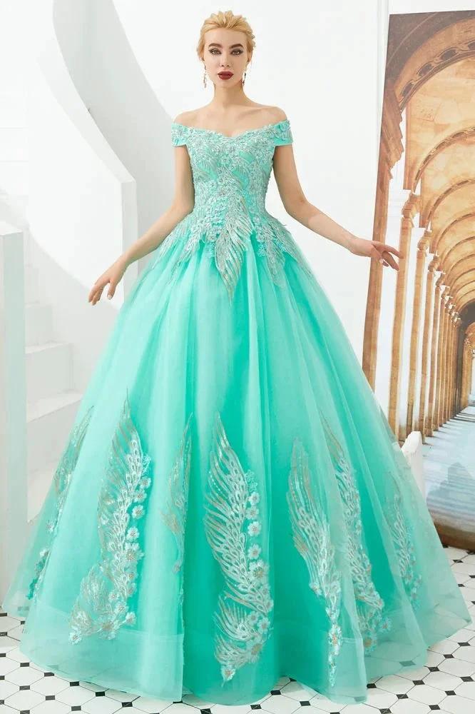 Modern Sleeveless aline Ball Gown Gold Appliques Off the Shoulder Tulle Party Gowns - Image 5