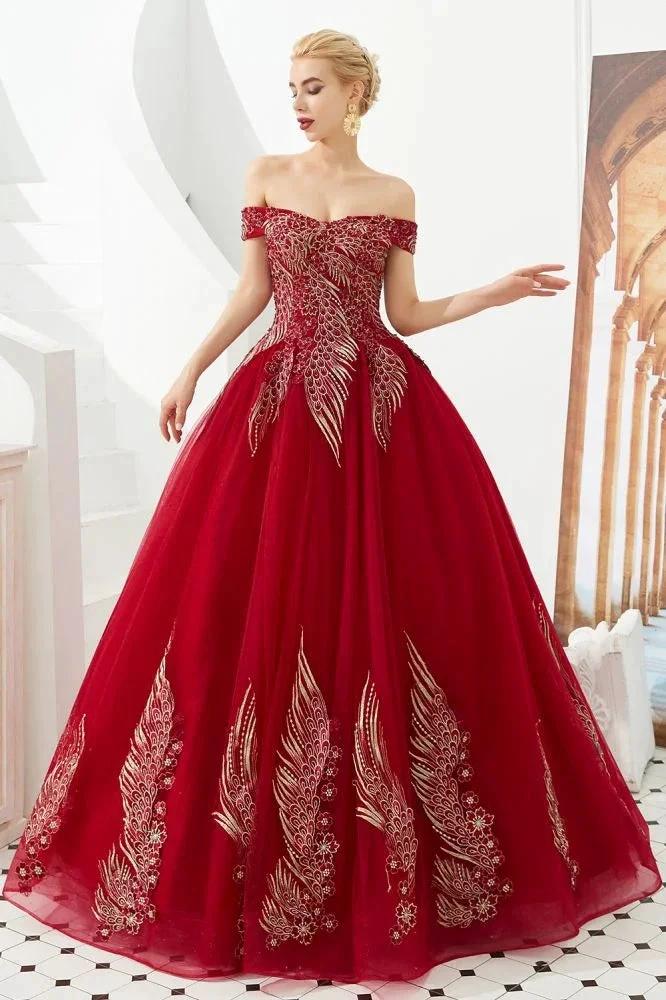 Modern Sleeveless aline Ball Gown Gold Appliques Off the Shoulder Tulle Party Gowns - Image 6