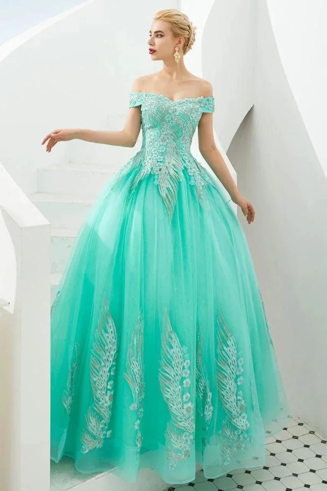 Modern Sleeveless aline Ball Gown Gold Appliques Off the Shoulder Tulle Party Gowns - Image 7