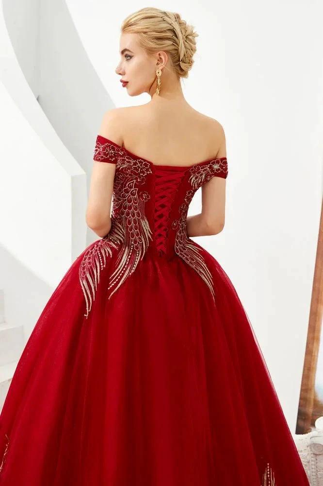 Modern Sleeveless aline Ball Gown Gold Appliques Off the Shoulder Tulle Party Gowns - Image 8