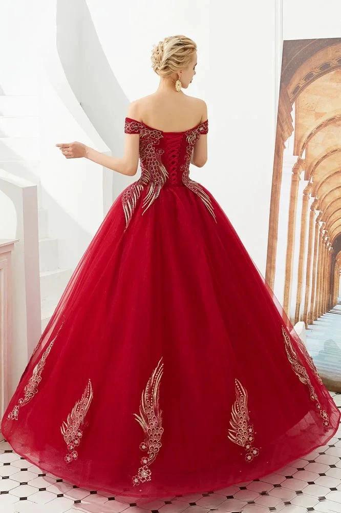 Modern Sleeveless aline Ball Gown Gold Appliques Off the Shoulder Tulle Party Gowns - Image 9