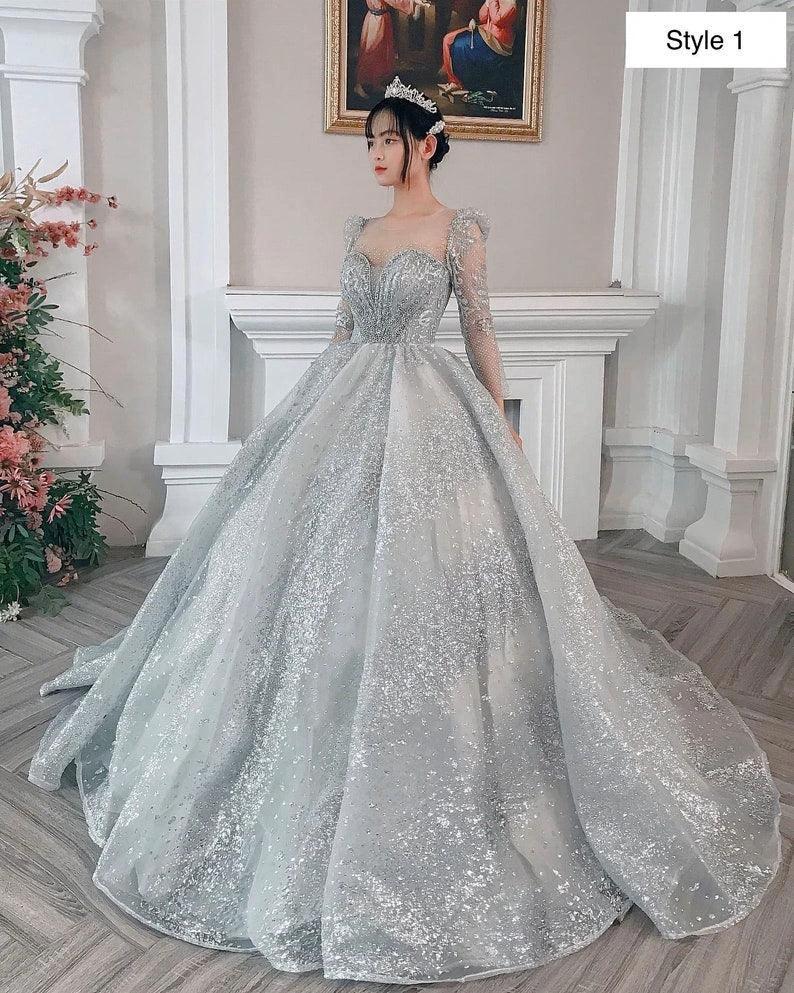 Modern Sparkly Silver Long Sleeves Wedding Dress With Glitter Tulle Y1158 - Image 2