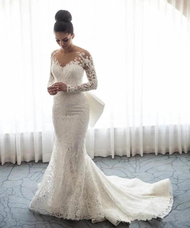 Stunning Mermaid Lace Bowknot Wedding Bride Dress Detachable Overskirt Sleeve Bridal Dress - Image 2