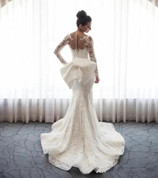 Stunning Mermaid Lace Bowknot Wedding Bride Dress Detachable Overskirt Sleeve Bridal Dress - Image 3