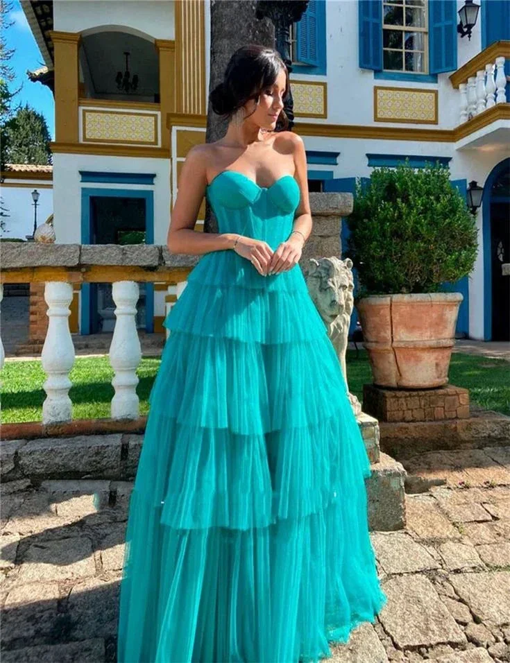 Modern Tiered Tulle Long Prom Dresses A-Line Sweetheart Floor Length Formal Evening Dresses Y5312 - Image 2