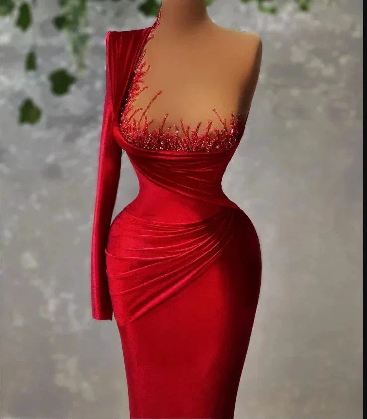 Modern Velvet One Shoulder Beaded Red Carpet Dresses Evening Gowns Women Mermaid Prom Dress Y1907 - Image 2