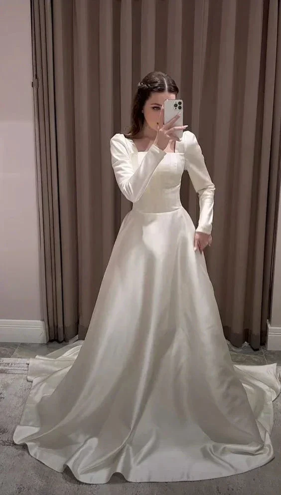 Modest A-line Square Neckline White Satin Wedding Dress Y6736 - Image 2