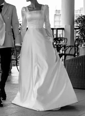 Modest A-line Square Neckline White Satin Wedding Dress Y6736 - Image 3