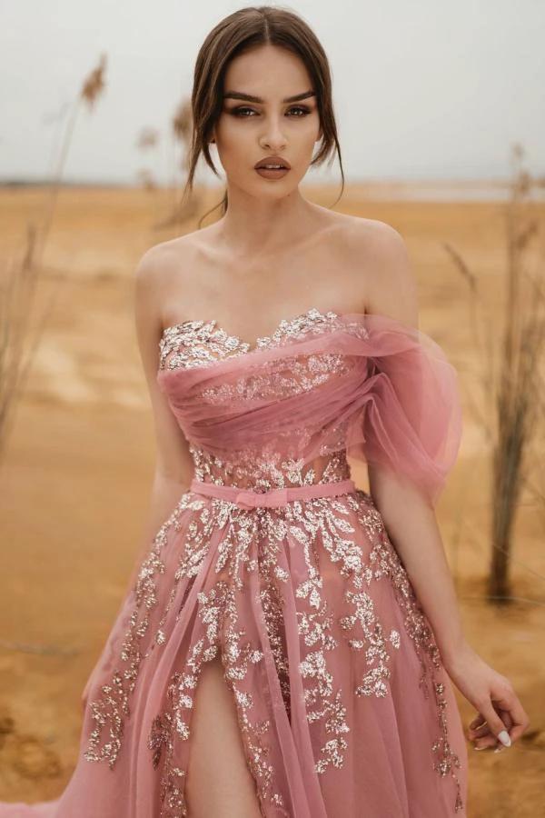 Modest A-line Strapless Tulle Lace Long Prom dress with Slit - Image 2