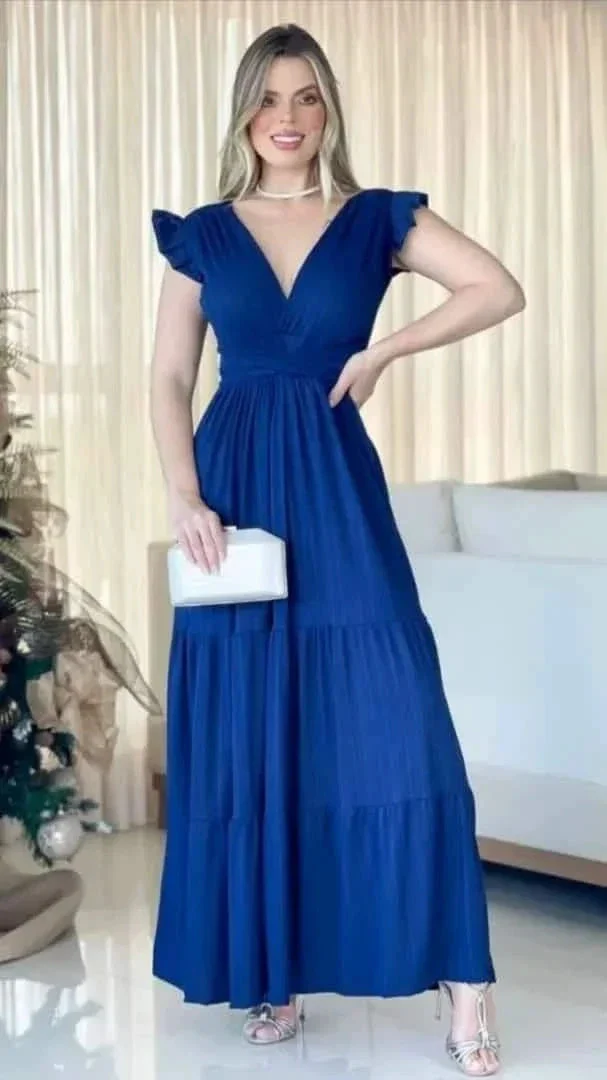 Modest A-line V Neck Blue Prom Dress Blue Evening Gown Y5085 - Image 2