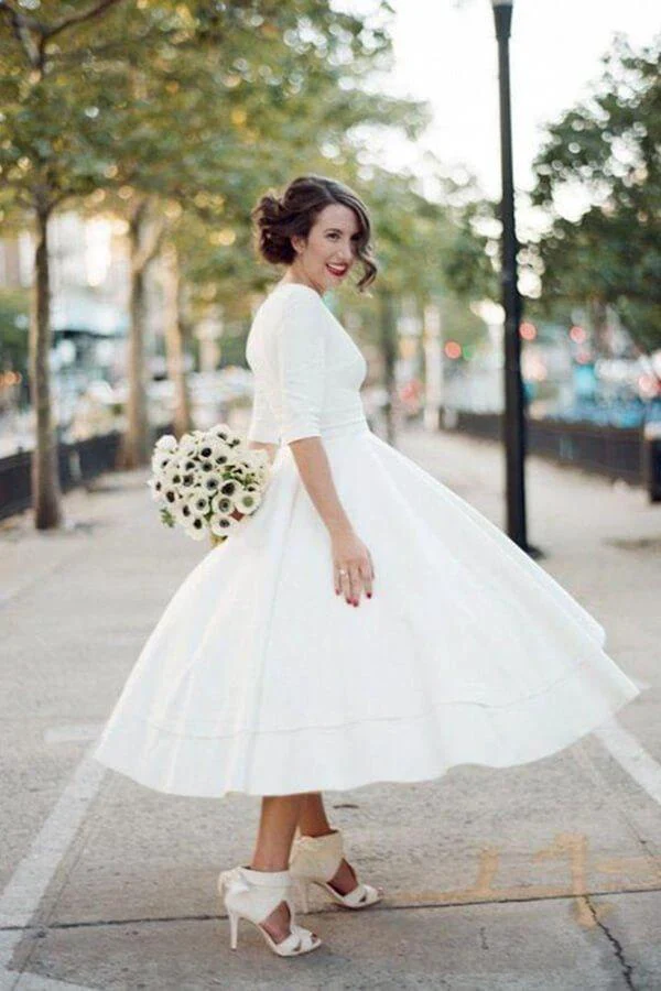 Modest A-line V-neck Half Sleeves Tea Length Taffeta Wedding Dresses, MW531 - Image 2