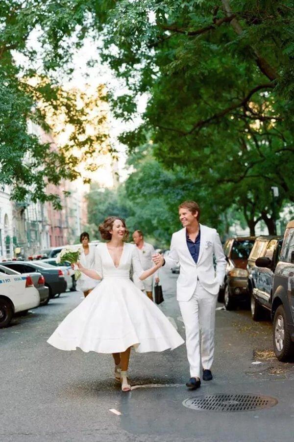 Modest A-line V-neck Half Sleeves Tea Length Taffeta Wedding Dresses, MW531 - Image 3