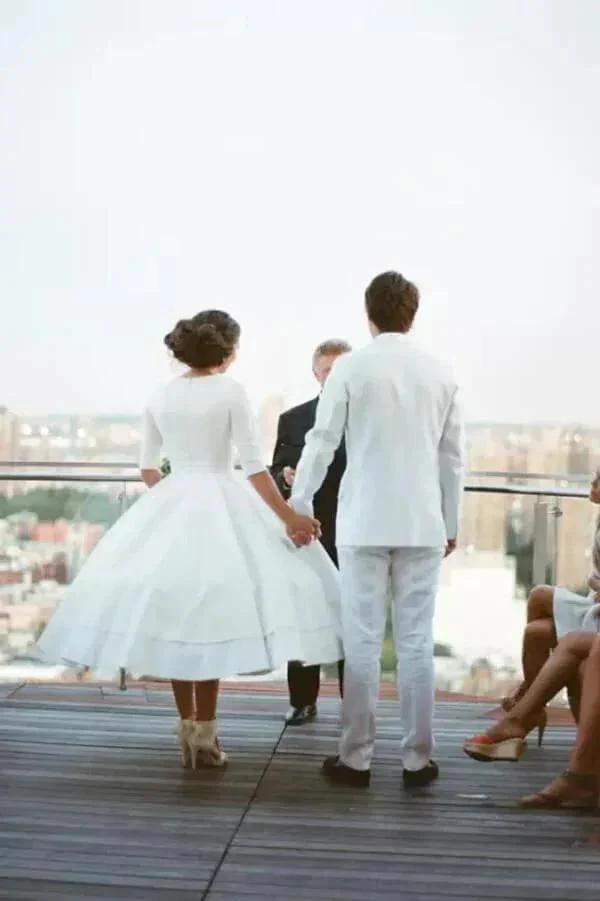 Modest A-line V-neck Half Sleeves Tea Length Taffeta Wedding Dresses, MW531 - Image 4