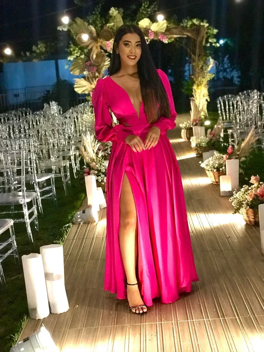 Modest A-line V Neck Satin Evening Dress Gala Dress Y5191 - Image 2