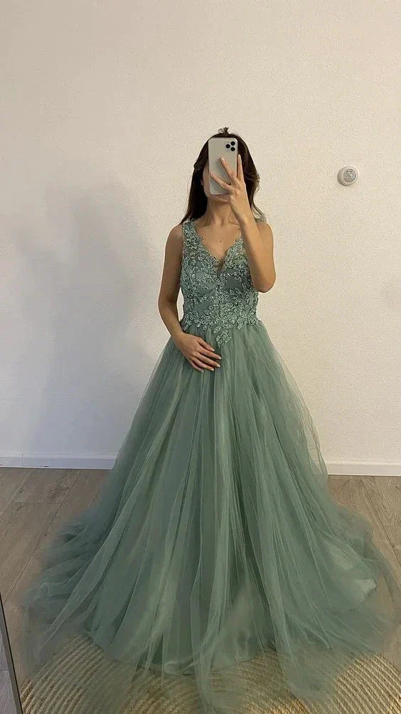 Modest A-line V Neck Tulle Evening Dress Graduation Dress Y4899 - Image 2