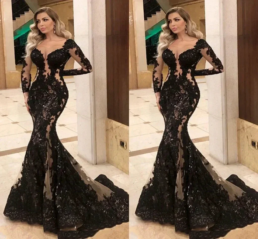 modest black prom dresses long sleeve lace appliqué elegant evening gown formal dresses S11019 - Image 2