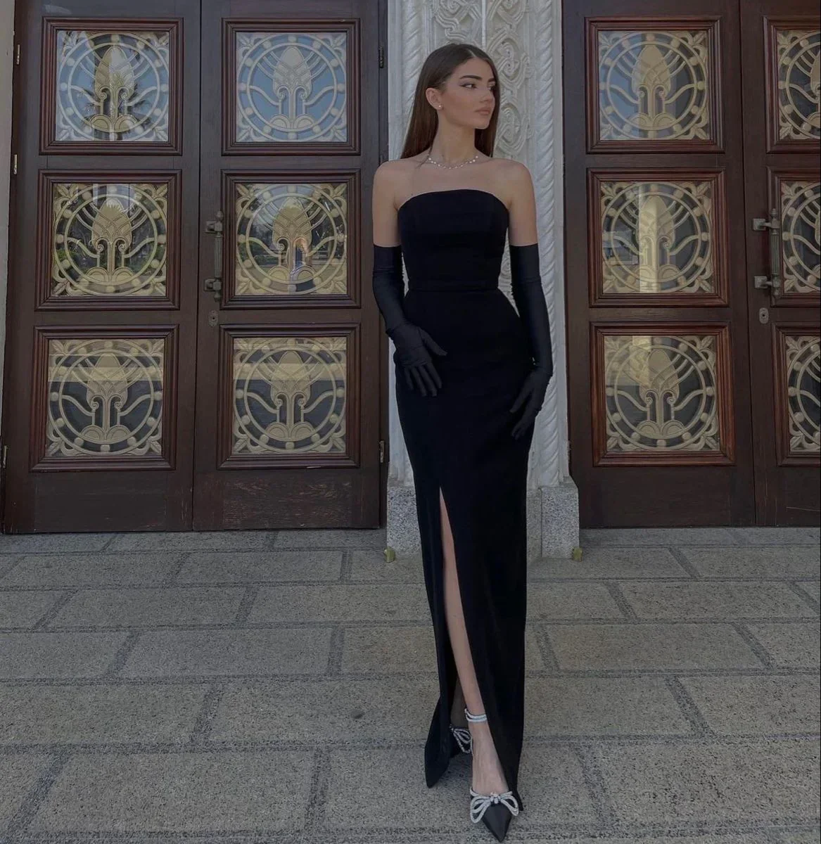 Modest Black Strapless Long Prom Dress with Split Black Evening Dress Y4550 - Image 2
