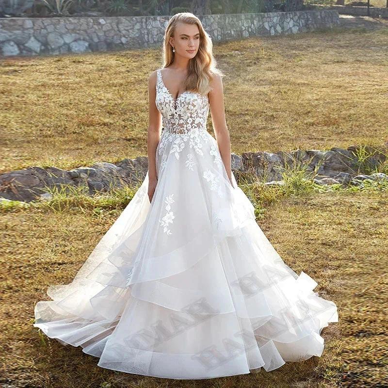 Modest Brush Train Wedding Dresses Brides Gown Tiered Appliques Backless Sposa Vestidos Bridal Party Suit Robe - Image 2