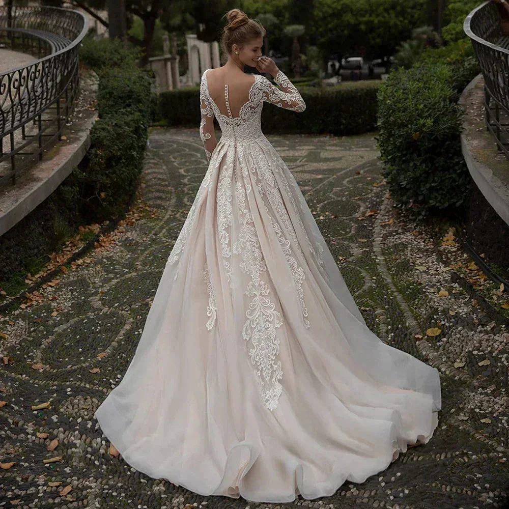 Modest Champagne Wedding Dress Appliques Long Sleeves Vestido De Noiva Sweep Train Sexy Backless Vestidos De Novia - Image 2