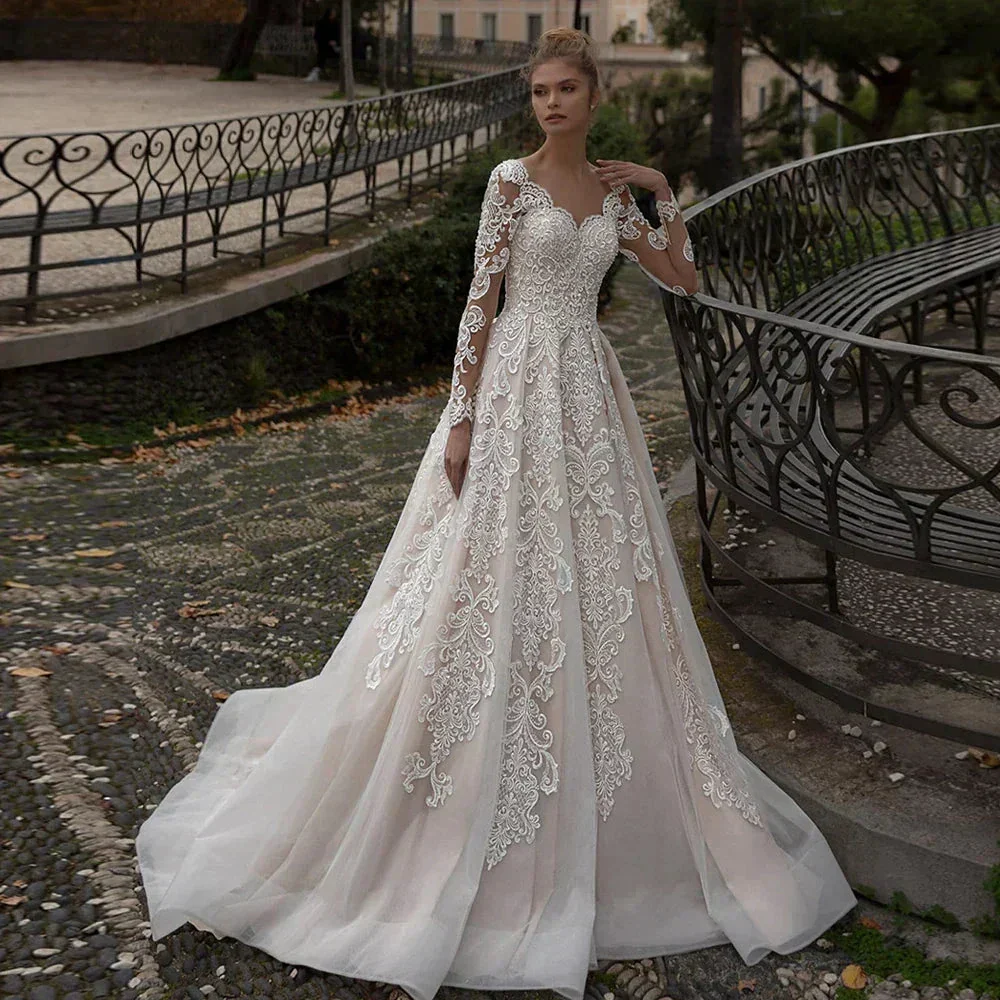 Modest Champagne Wedding Dress Appliques Long Sleeves Vestido De Noiva Sweep Train Sexy Backless Vestidos De Novia - Image 3