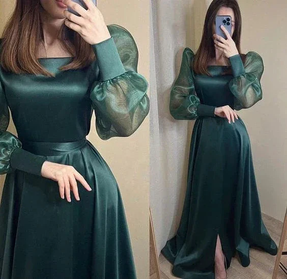 Modest Dark Green Satin Evening Dress Long Puff Sleeves Organza Square Neck Formal Prom Party Gowns Y4872 - Image 2