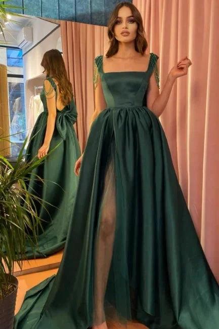 Modest Green A-Line Square Neckline Straps Prom Dresses with Slit - Image 3